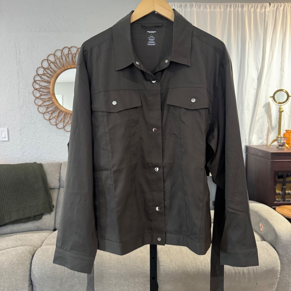 Girlfriend Collective NWT Windbreaker Jacket Large Brown Belted Utility Snap